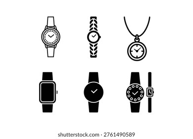 Set of Various Wristwatch Designs in Monochrome - Elegant Timepieces and Pocket Watch Silhouette Icon Collection