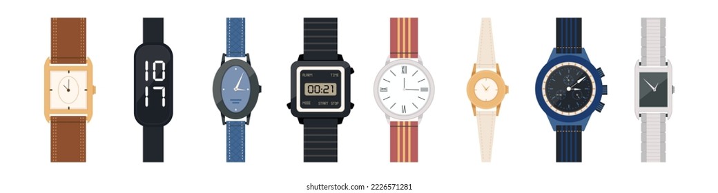 Set of various wristwatches, flat vector illustration isolated on white background. Male and female watches. Clock face or dial with straps bracelets. Classic mechanical watches and smart digital.