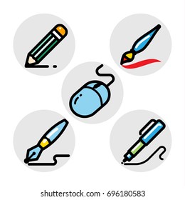 Set of various writing and drawing instruments in flat linear style. Icon set of drawing and writing tools.