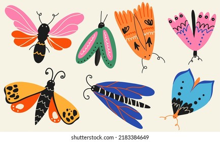 Conjunto de varias mariposas y polillas de yak. Insectos con hermosas alas, fauna, insectos tropicales. Diseño plano, dibujos animados.