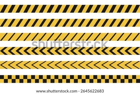 Set of various yellow and black caution tapes with stripes, chevrons, and checker patterns. Ideal for construction, warning signs, or safety design.