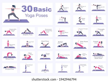 Set Of Various Yoga Poses and Fitness Exercises With Relax, Meditate, Healthy Lifestyle, Balance Training. Illustration