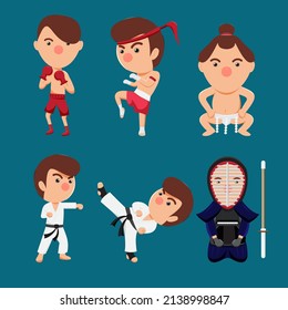 Set of Various young athletes, international boxers, Thai boxers, fencing athletes, sumo, karate and taekwondo in cartoon character for graphic designer, vector illustration