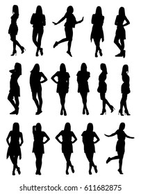 Set of various young fashion woman silhouettes in different clothes and poses.  Easy editable layered vector illustration.