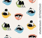 Set of various young People sitting in the big giant Cups in different positions. Funny characters. Cartoon comic style. Hand drawn colored trendy Vector illustration. Square seamless Pattern