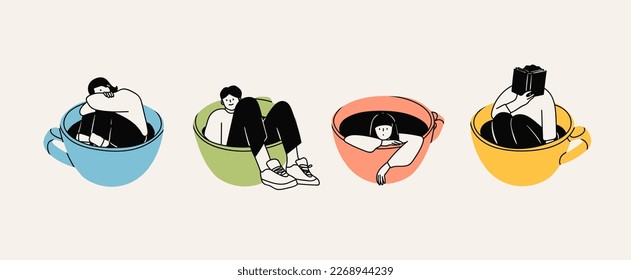 Set of various young People sitting in the big giant Cups in different positions. Funny characters. Cartoon comic style. Hand drawn colored trendy Vector illustration. Isolated design elements