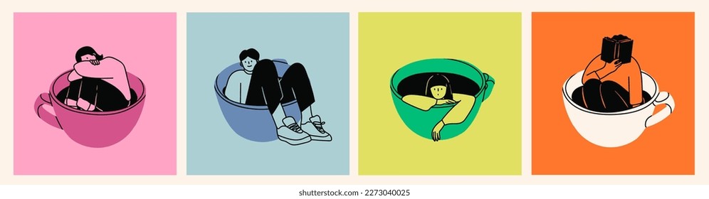 Set of various young People sitting in the big giant Cups in different positions. Funny characters. Cartoon comic style. Hand drawn colored trendy Vector illustration. Isolated design elements