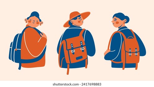 Set of various young women in coat, hat with backpack, rucksack. Girls travelers, tourists. Vector isolated clip arts with cartoon cute abstract person. Flat minimalist style. Tourism, vacation, rest.