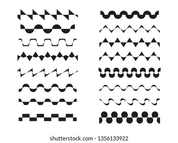 A set various zigzag patterns, wavy, sinusoidal or rickrack repeatable border lines,  horizontally seamless geometrical zig zag design elements