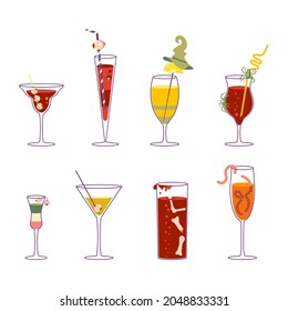 Set of various Zombie cocktail glasses and decorations isolated on white background. Bundle for making various kinds of cocktails and soft drinks for Halloween celebration. Flat Art Vector