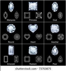 Set of variously shaped realistic diamonds - vector