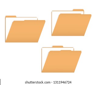 Set of variously tabbed manila file folders with documents inside, vector mockup.