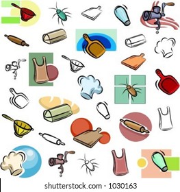 A set of variuos kitchen vector icons in color, and black and white renderings.