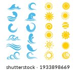 Set of variuos sea wave and sun. Collection of bright stylized sun and ocean wave. Logotype of travel agencies. Symbol of summer. Star of the solar system. Color illustration for the children.