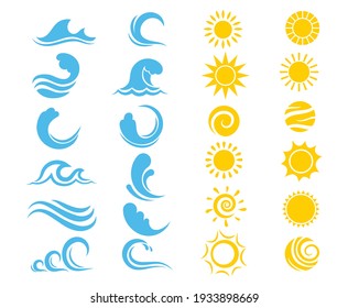 Set of variuos sea wave and sun. Collection of bright stylized sun and ocean wave. Logotype of travel agencies. Symbol of summer. Star of the solar system. Color illustration for the children.