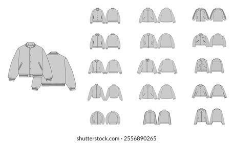 Set of Varsity Jacket - Activewear Jacket Design with Pocket - Jackets Fashion Technical Illustration - Front and Back Views Winter Coat, Men Women Unisex Sweatshirt Jersey CAD Mockups
