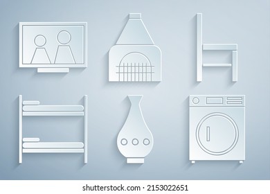 Set Vase, Chair, Bunk bed, Washer, Interior fireplace and Picture frame on table icon. Vector