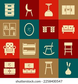Set Vase, Chair, Sofa, Lamp hanging, Mirror, Shelf with books, Furniture nightstand and Office desk icon. Vector