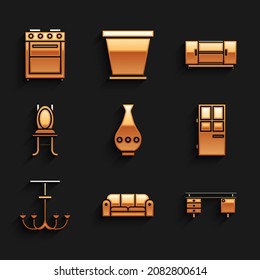 Set Vase, Sofa, Office desk, Closed door, Chandelier, Chair, TV table stand and Oven icon. Vector
