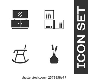 Set Vase, TV table stand, Armchair and Shelf with books icon. Vector