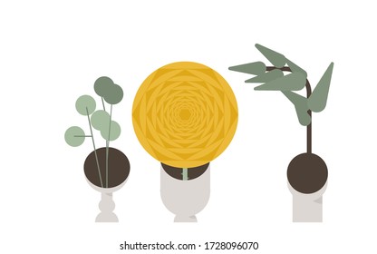 Set of vases with blooming flowers for decoration and interior. Vector illustration flat design. Use in Web Project and Applications.