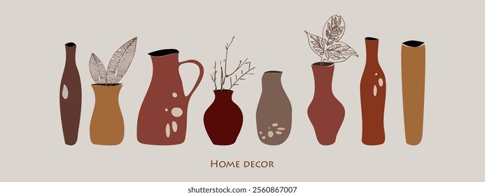 Set of vases with  bouquets. Clean, simple and minimalistic flat style elements for your design. Home decor concept. Vector illustration.