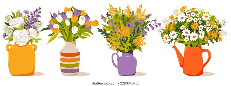 Conjunto de jarrones con ramos de rosas, mimosa, flores florecientes y hierbas aromáticas. Primavera. Decoración casera. Ilustración del vector