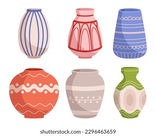 Set Of Vases, Collection Of Decorative Vessels In Various Shapes And Sizes, Perfect For Displaying Flowers Or Adding A Touch Of Elegance To Any Room Isolated on White. Cartoon Vector Illustration