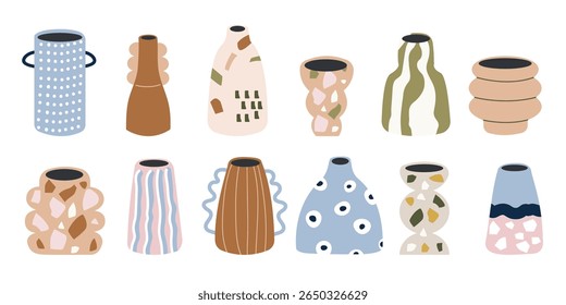 Conjunto de vasos. Uma coleção de diferentes vasos geométricos. Diferentes tipos de cerâmica. primavera, elementos de verão pacote de adesivo