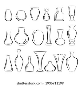 A set of vases of different shapes, a collection in the style of a sketch. Vector isolated on a white background.