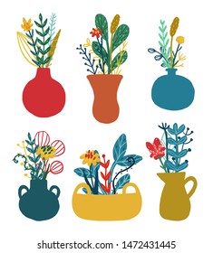 Set of vases with floral bouquets. Colorful isolated  different leaves and flowers. Vector hand drawn illustration. Design for T-shirt, textile and prints.