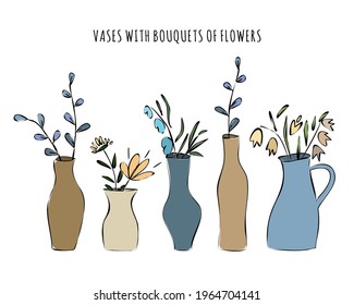 Set of vases with flower bouquets. Clean, simple and minimalistic flat style elements for your design. Vector illustration.