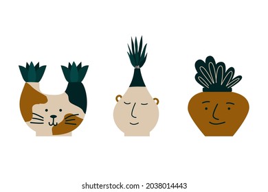 A set of vases and flower pots in the form of people s faces and a cat with flowers, plants and tropical leaves. Vector illustration isolated on a white background in a flat style
