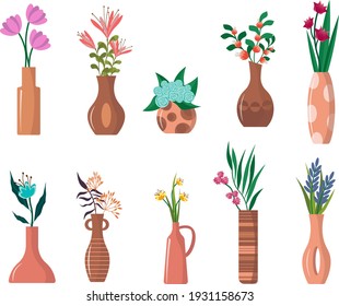 Set with vases and flowers. Ceramic vases and bouquets of flowers. Vector illustration on white background with isolated objects. For use in cards, invitations, various decor and designs.