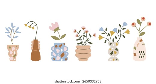  Conjunto de vasos com flores. Uma coleção de diferentes vasos geométricos para design de interiores. Diferentes tipos de cerâmica. primavera, elementos de verão pacote de adesivo
