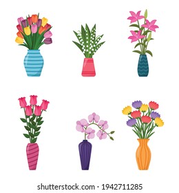 Set of vases with flowers. Collection of flower bouquets in vases, vector illustration