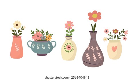 Set of vases with flowers, different shapes, vases oval narrow, round, Hello spring, flowers, Vector, isolated on white background, For design