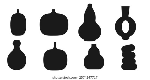 SEt of vases for flowers isolated, flat design, black interor object