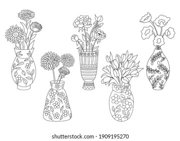 Set of vases with flowers isolated on white background. Ceramic vase cillection. Outline drawing. Line art.