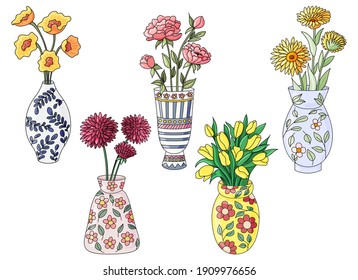 Set of vases with flowers isolated on white background. Ceramic vase cillection. Outline drawing. Line art.