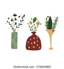 Set of vases with flowers and leaves. Modern flat vector illustration for greeting card, invitation, thank you or go green concept.