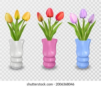 Eine Reihe von Vasen mit Blumen. mehrfarbige Tulpenbäume in Schiffen.Gestaltungselemente auf isoliertem Hintergrund. 3D.Realistische Vektorgrafik. 
 
 
