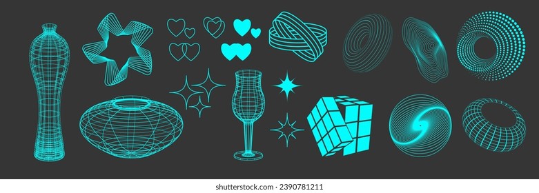 Set of vases, flutes, figures and wire frame mesh. Linear elements of retro design. 3D. Y2k . Vector illustration for social media or posters. Vector illustration