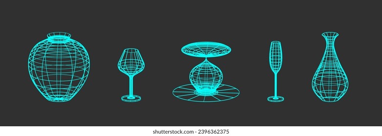 Set of vases and glasses with wire frame. Trendy turquoise color. Linear elements of retro design. 3D. Y2k . Vector illustration for social media or posters.