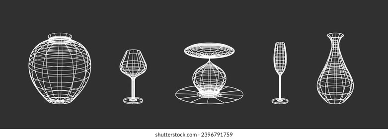 Set of vases and glasses with wire frame. In white color. Linear elements of retro design. 3D. Y2k . Vector illustration for social media or posters.
