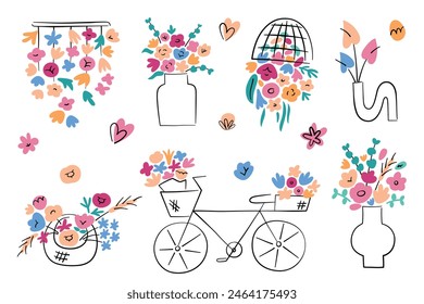 Conjunto de jarrones y colgantes con flores, colección de decoración floral del hogar, ramos en ollas y cestas de cerámica, garabatos de la floristería, Ilustraciones vectoriales de decoración interior para celebraciones, bodas