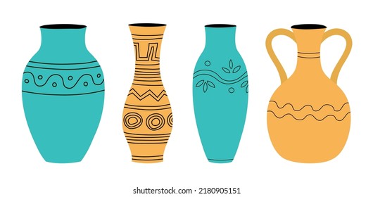 Set of vases for home flowers with a striped pattern. Plant pot. Element of a room interior. Ancient greek style and design. Flat vector illustration isolated on white background