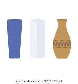 Set of vases isolated on white background. Abstract ceramic, glass and geometric porcelain vessel. Flat blue, transparent and brown floral pot. Vector illustration of pottery cups and water-glass
