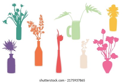 A set of vases and jugs with flowers and branches. Colored isolated silhouettes. Vases and jugs can be repainted and used as individual objects, icons, signs or symbols.