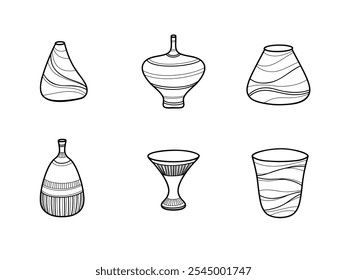 A set of vases, jugs isolated on a white background, a hand-drawn black-and-white illustration. Decorative graphic element for decoration, design, decoration. Collection of clay ceramics, glass vases